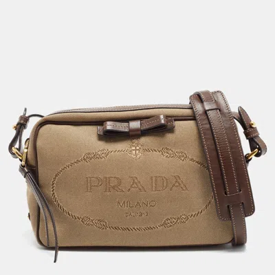 Pre-owned Prada Bow Beige/brown Logo Jacquard Canvas And Leather Camera Bag