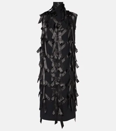 PRADA BOW-DETAIL SATIN-TRIMMED SABLÉ MIDI DRESS