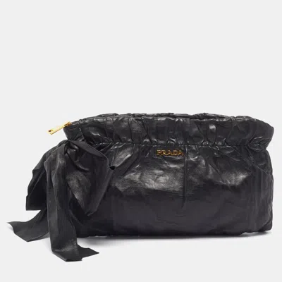 Pre-owned Prada Bow Large Black Antique Leather Pochette