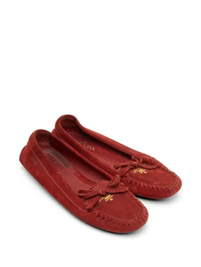 Pre-owned Prada Bow Logo Loafers In Red