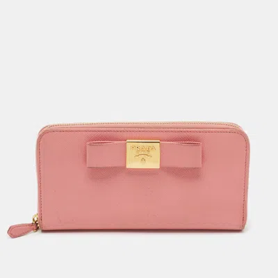 Pre-owned Prada Bow Pink Saffiano Leather Zip Around Wallet