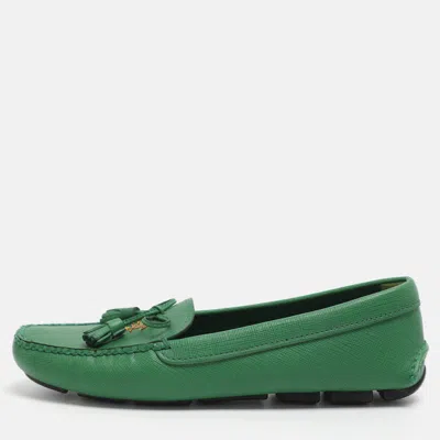 Pre-owned Prada Bow Size 36 Green Leather Loafers