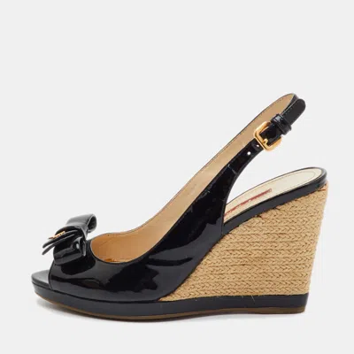 Pre-owned Prada Bow Size 36.5 Black Patent Leather Espadrille Wedge Sandals