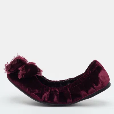 Pre-owned Prada Bow Size 37 Burgundy Velvet Scrunch Ballet Flats