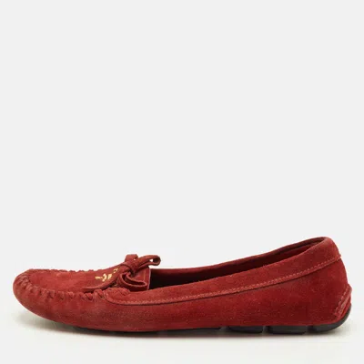 Pre-owned Prada Bow Size 37 Red Suede Slip On Loafers