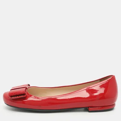 Pre-owned Prada Bow Size 37.5 Red Patent Leather Ballet Flats