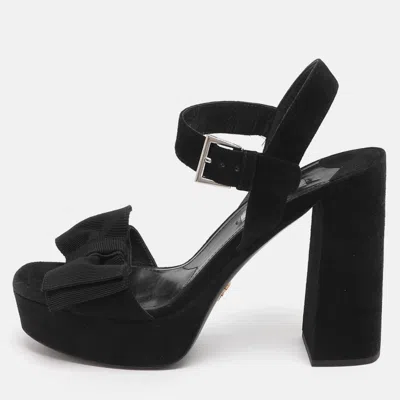 Pre-owned Prada Bow Size 39 Black Suede Ankle Strap Platform Sandals