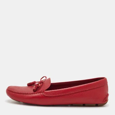 Pre-owned Prada Bow Size 40 Red Leather Slip On Loafers