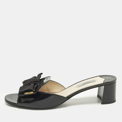 Pre-owned Prada Bow Size 41.5 Black Patent Leather Slide Sandals