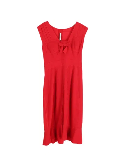 Pre-owned Prada Bow V-neck Dress In Red