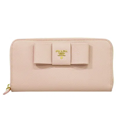 Pre-owned Prada Bow Zip Around Wallet Saffiano Leather Pink Leather Wallets Accessory ()