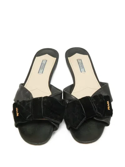 Pre-owned Prada Bow-detail Flat Sandals In Black