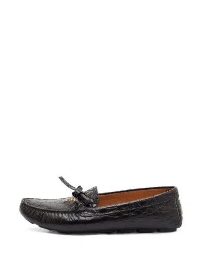Pre-owned Prada Bow-detail Leather Loafers In Brown
