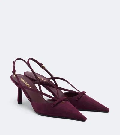 Prada Bow-detail Suede Slingback Pumps In Burgundy