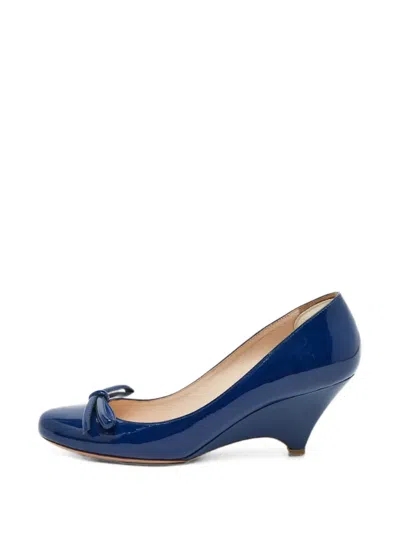 Pre-owned Prada Bow-detail Wedge Pumps In Blue