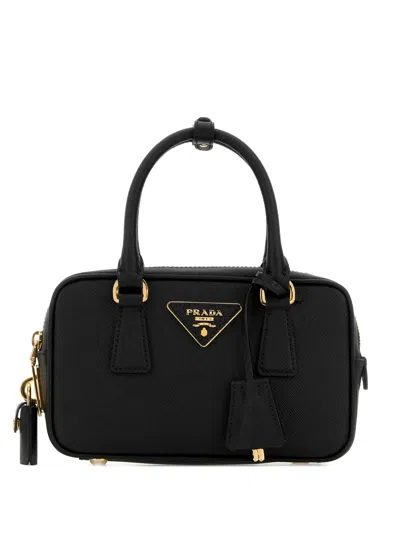 Prada Mini Handbag Bauletto Style Gold Hardware Top Handles In Black