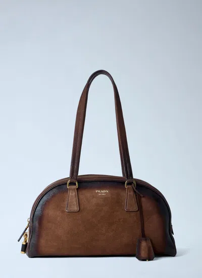 Prada Bowling Medium Suede Handbag In Brown