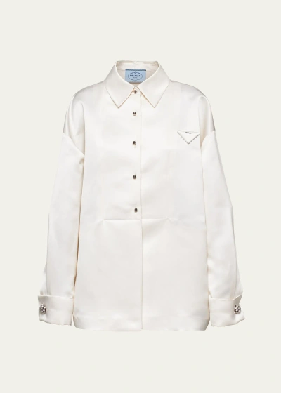 Prada Boxy Crystal Button Satin Double Shirt In F0009 Bianco