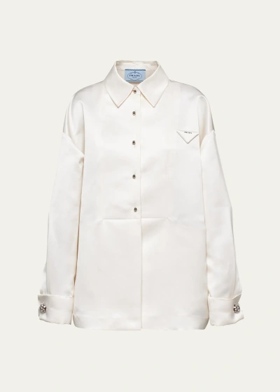 Prada Boxy Crystal Button Satin Double Shirt In Bianco