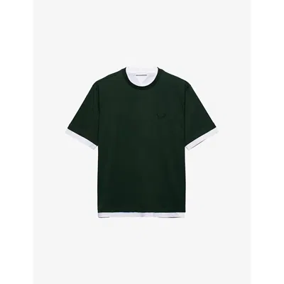 Prada Mens Green Boxy-fit Layered Cotton T-shirt