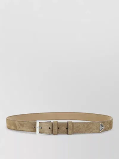 Prada Triangle Logo Suede Leather Belt In Brown