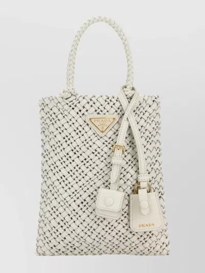 Prada Braided Leather Shoulder Bag Detachable Tag In White