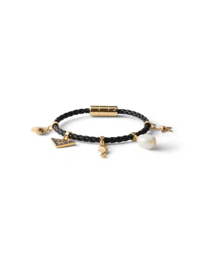 Prada Braided Nappa Leather Charm Bracelet In Black