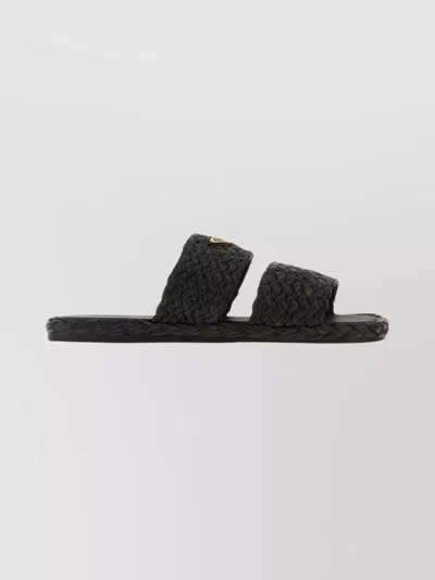 Prada Braided Strap Flat Sole Open Toe Slippers In Black