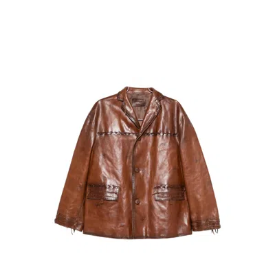 Prada Braided-trim Leather Jacket In Brown