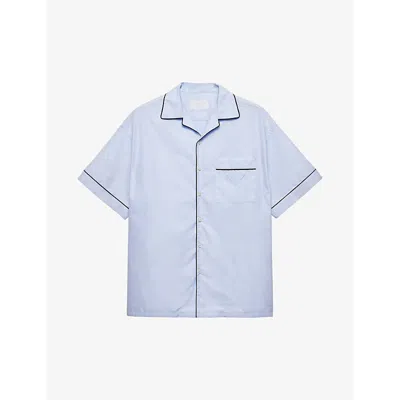 Prada Brand-appliqué Contrast-piping Cotton Shirt In Light Blue