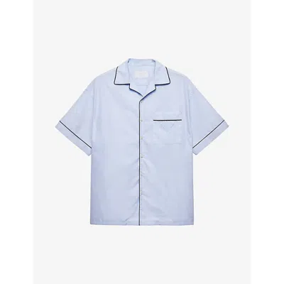 Prada Mens Light Blue Brand-appliqué Contrast-piping Cotton Shirt