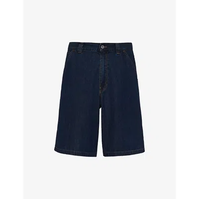 Prada Mens Blue Brand-plaque Multi-pocket Regular-fit Washed-denim Bermuda Shorts