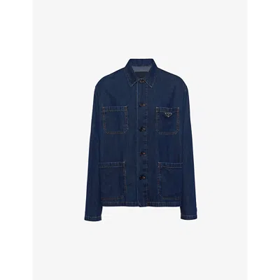 Prada Mens Blue Brand-plaque Multi-pocket Regular-fit Washed-denim Blouson Jacket