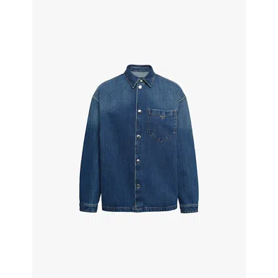 PRADA MENS BLUE BRAND-PLAQUE BOXY-FIT DENIM SHIRT