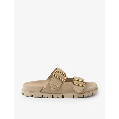 Prada Womens Neutral Brand-plaque Buckled Suede Sliders