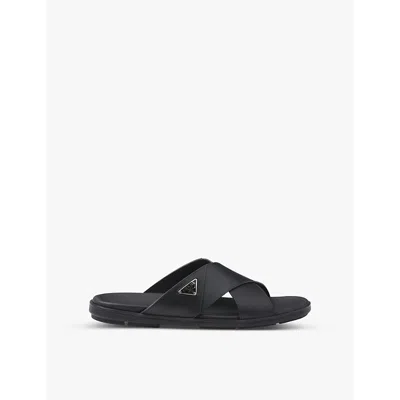 Prada Triangle Logo Criss-cross Sandals In Black
