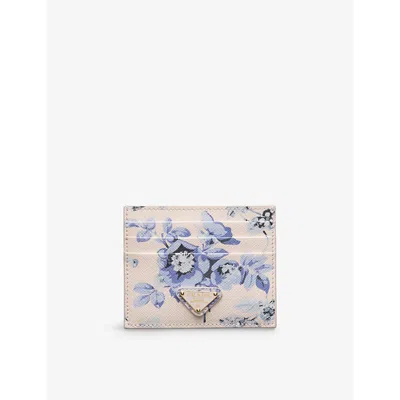 Prada Light Blue Brand-plaque Floral-print Leather Card Holder