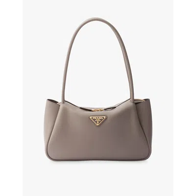 PRADA WOMENS GREY BRAND-PLAQUE MEDIUM LEATHER SHOULDER BAG