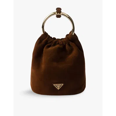 Prada Womens Brown Brand-plaque Mini Suede Bucket Bag