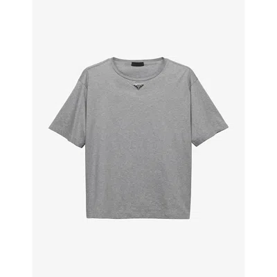 Prada Mens Grey Brand-plaque Oversized-fit Cotton-jersey T-shirt