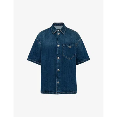 Prada Mens Blue Brand-plaque Relaxed-fit Denim Shirt