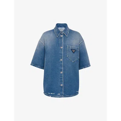 PRADA WOMENS BLUE BRAND-PLAQUE RELAXED-FIT DENIM SHIRT