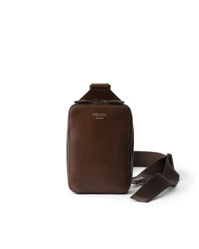 Prada Brique Antiqued Leather Bag In Brown