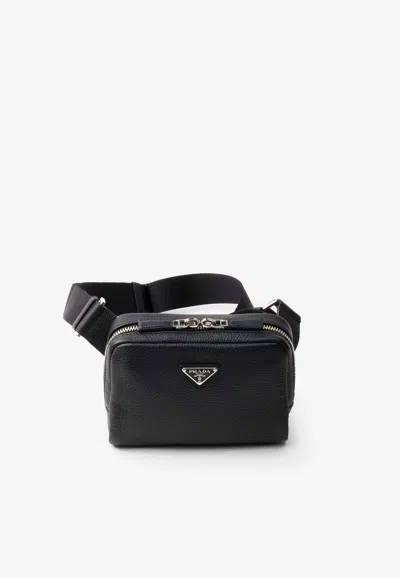 Prada Mens Black Triangle-logo Leather Shoulder Bag