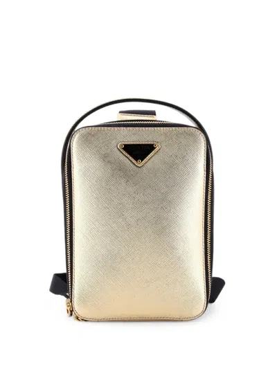 Pre-owned Prada Brique Top Handle Sling Bag Saffiano Leather Crossbody Bag In Gold