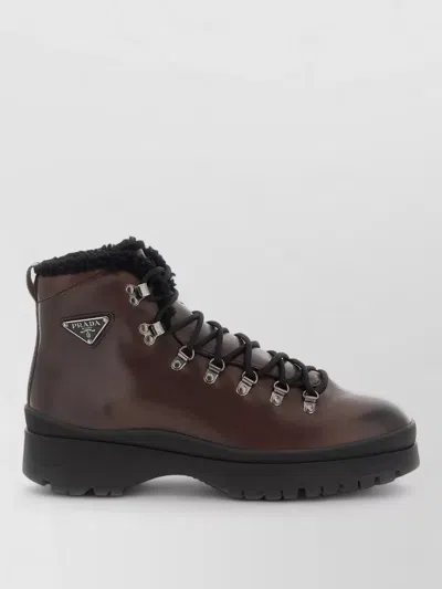 Prada Brixxen Leather Ankle Boots Round Toe In Brown