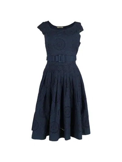 Pre-owned Prada Broderie-anglaise Belted Dress In Blue