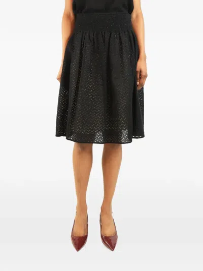Pre-owned Prada Broderie Anglaise Midi Skirt In Black
