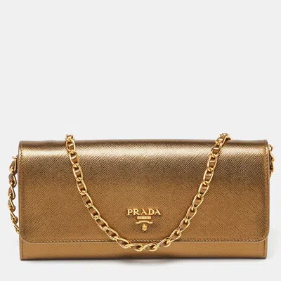 Pre-owned Prada Bronze Saffiano Metal Leather Wallet On Chain In Metallic