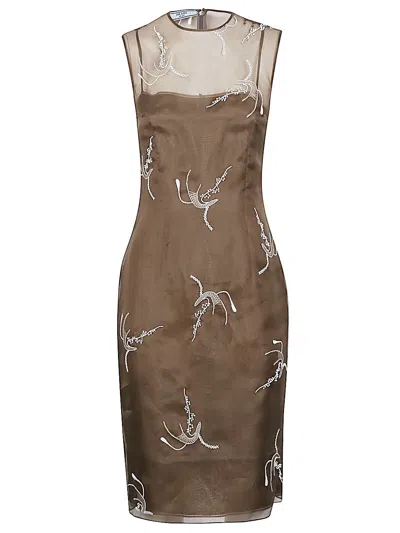 Prada Silk Embroidered Dress Overlay Sheer In Brown